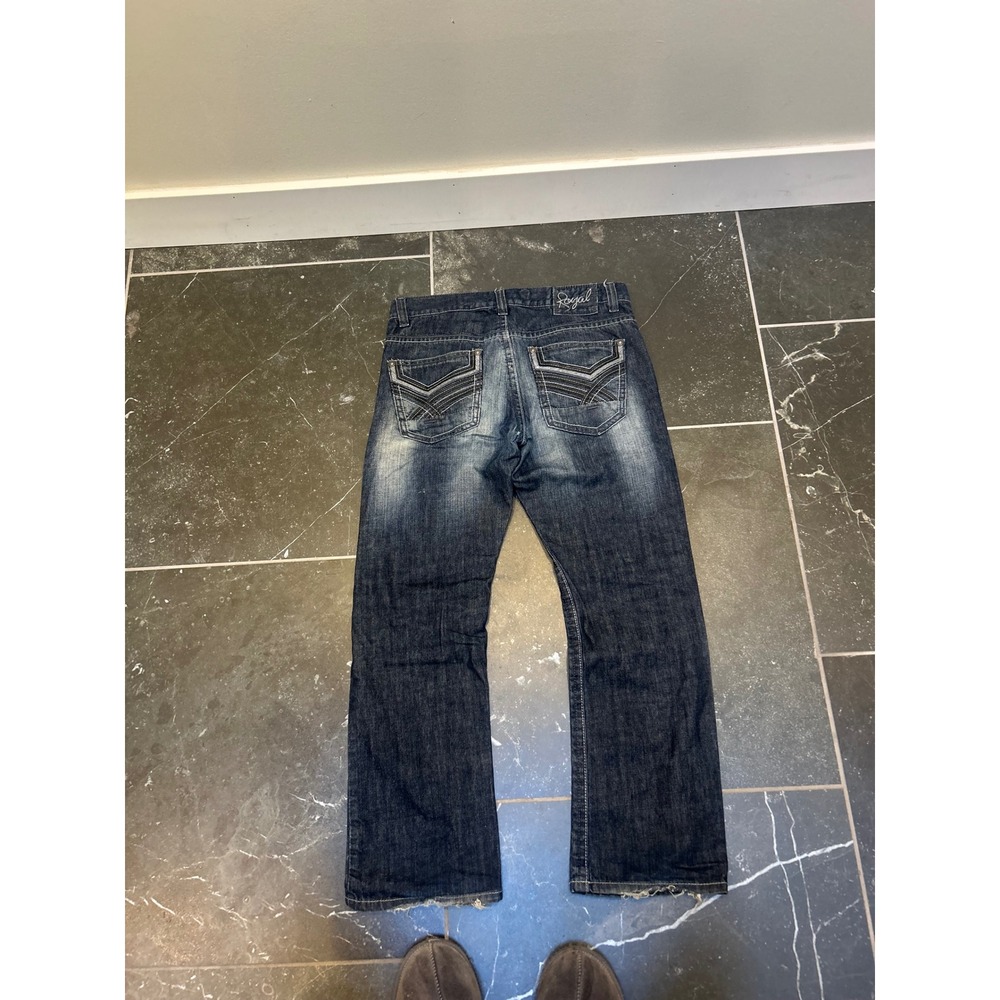 Royal Premium Mens Dark Wash boot cut Leg Faded Distressed Denim Jeans 34x30